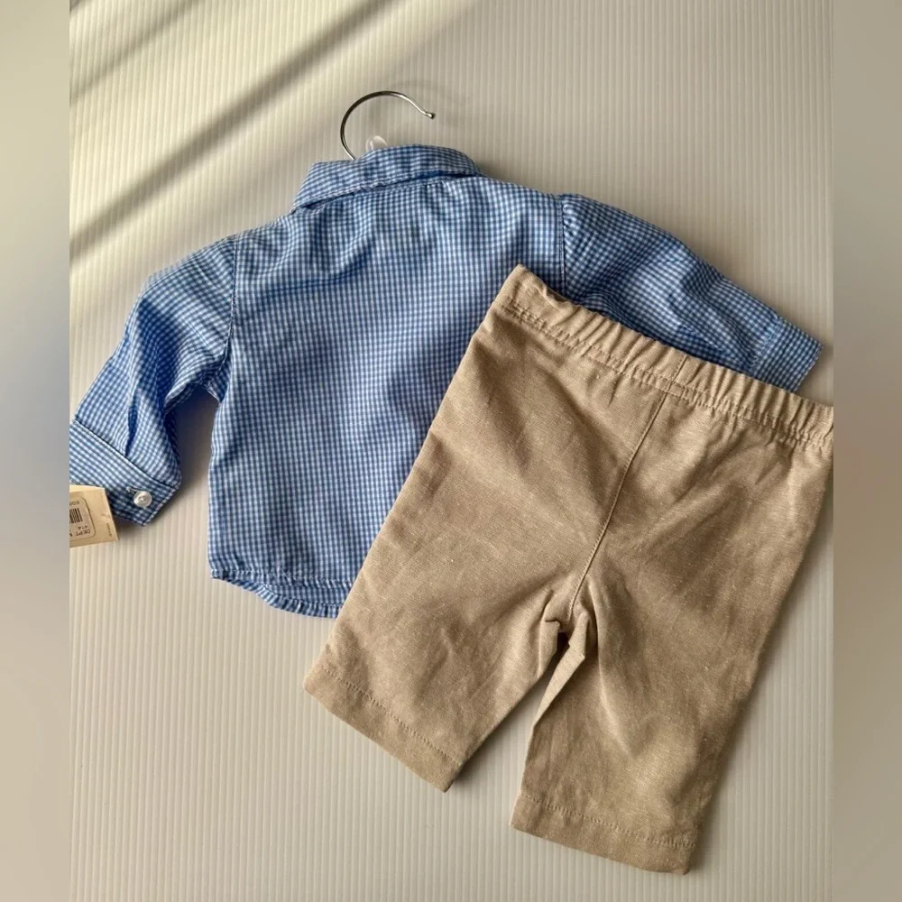 NWT Starting Out Tan Vest and Blue Checkered Shirt with Green Bow Tie